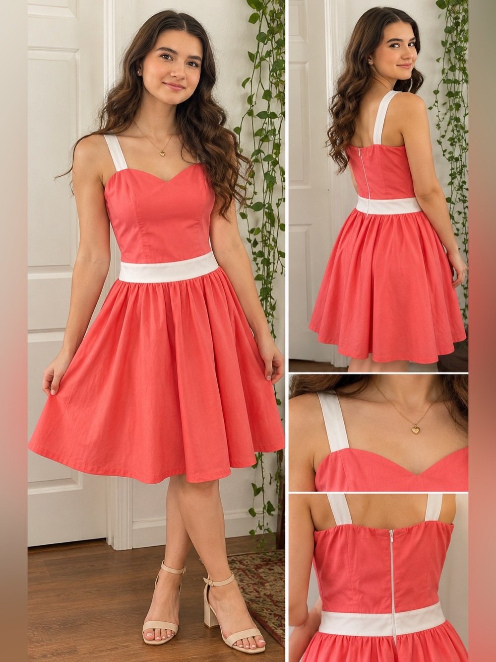 Handmade Coral Pink Cotton Fit & Flare Dress 26-28” Waist